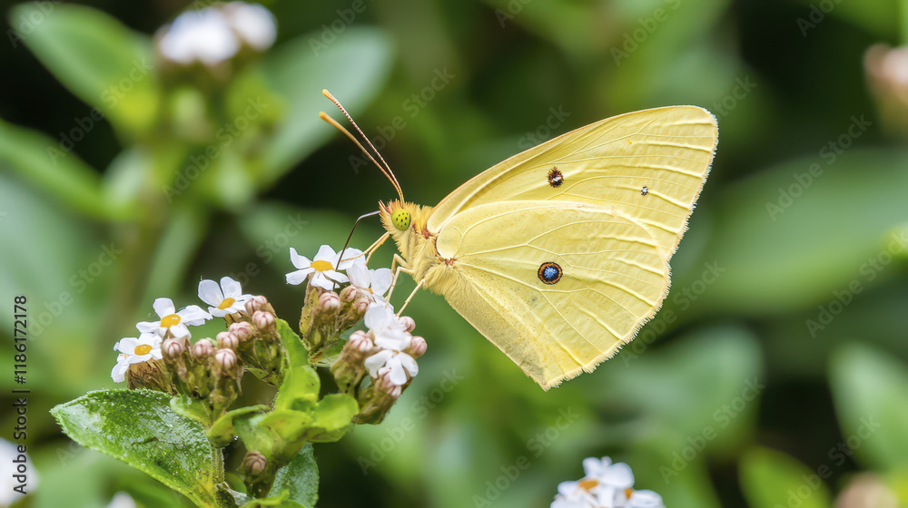 delicate yellow butterfly resting on white flowers, showcasing nature beauty delicate yellow butterfly resting on white flowers, showcasing nature beauty