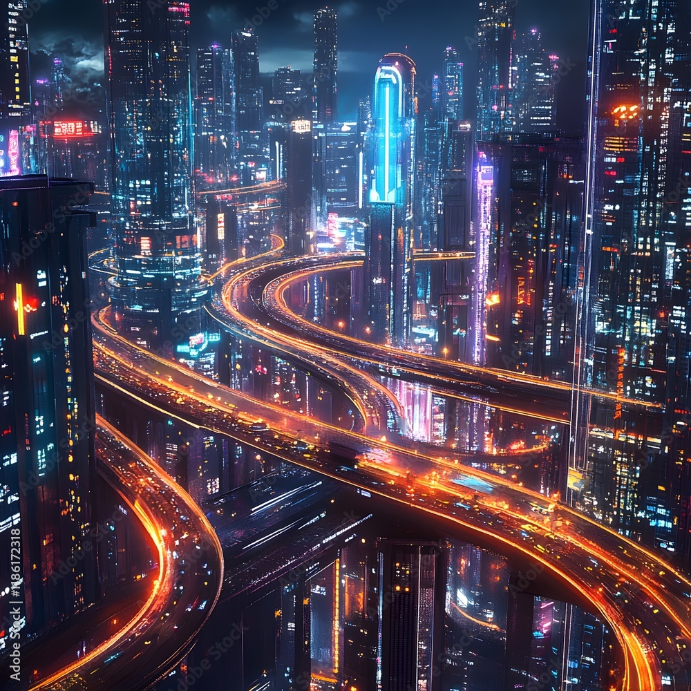 Obraz premium Vibrant Futuristic Cityscape at Night with Illuminated Skyscrapers and Elevated Highways