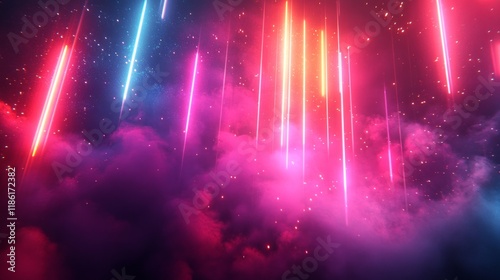 Vibrant Neon Light Beams with Sparkling Particles in a Futuristic Atmosphere

