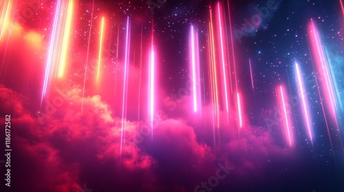 Vibrant Neon Light Beams with Sparkling Particles in a Futuristic Atmosphere

