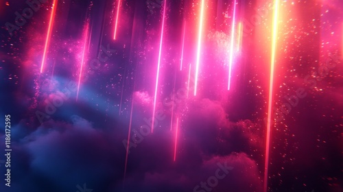 Vibrant Neon Light Beams with Sparkling Particles in a Futuristic Atmosphere

