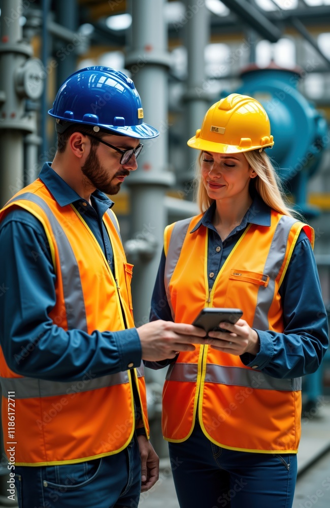 Two petrochemical engineers discuss project on tablet. Man, woman teamwork. Industrial work environment. Meeting at oil refinery. Energy sector. Modern tech. Corporate business. Safety equipment. Two petrochemical engineers discuss project on tablet. Man, woman teamwork. Industrial work environment. Meeting at oil refinery. Energy sector. Modern tech. Corporate business. Safety equipment.