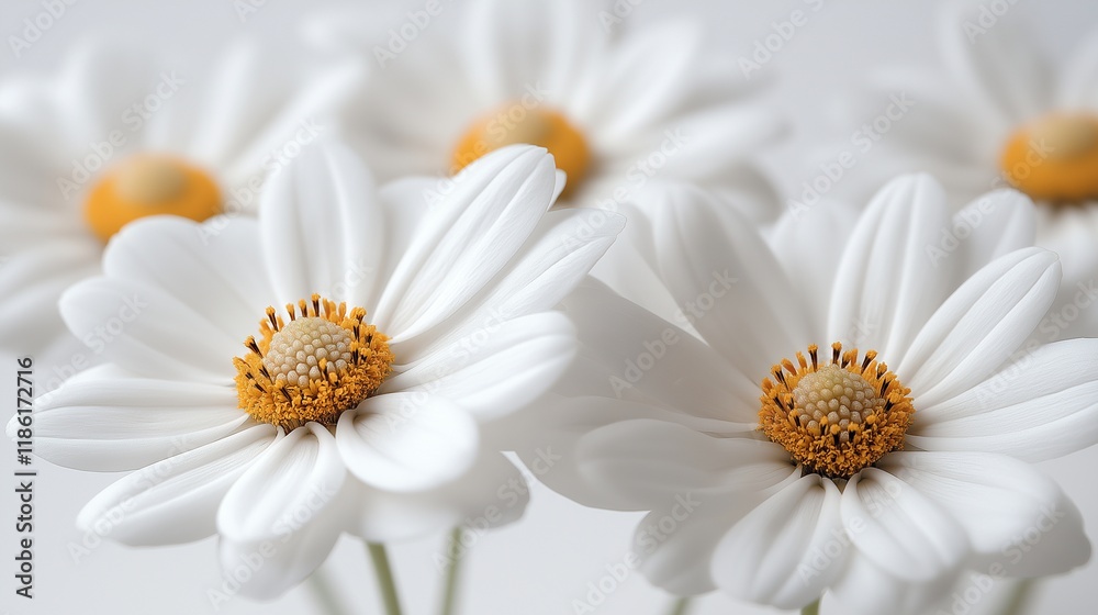 Obraz premium Cluster of white daisies with soft orange centers closeup image. Camomiles chamomiles. Delicate blooms bouquet. Floral close up photography. Wildflowers concept photo realistic