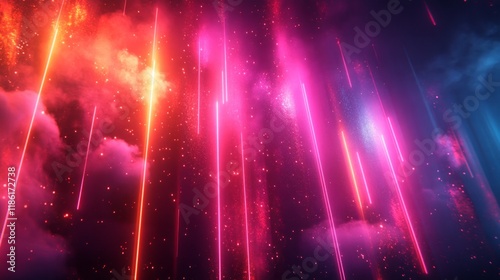 Vibrant Neon Light Beams with Sparkling Particles in a Futuristic Atmosphere

