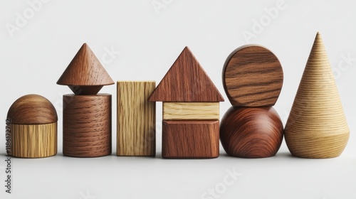 Creative arrangement of wooden geometric shapes on a minimalistic surface at ...