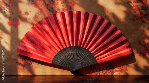 Vibrant red folding fan displayed against a deep red background