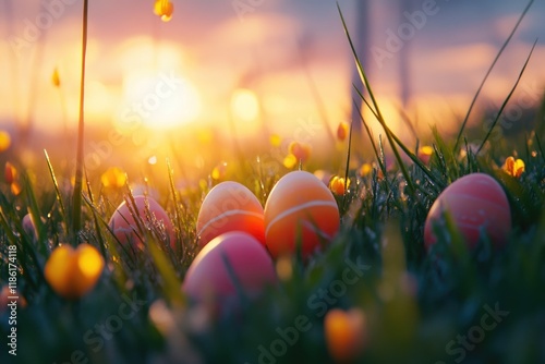 The joyous tradition of finding colorful easter eggs in a lush grassy field, with the warm glow of the setting sun.