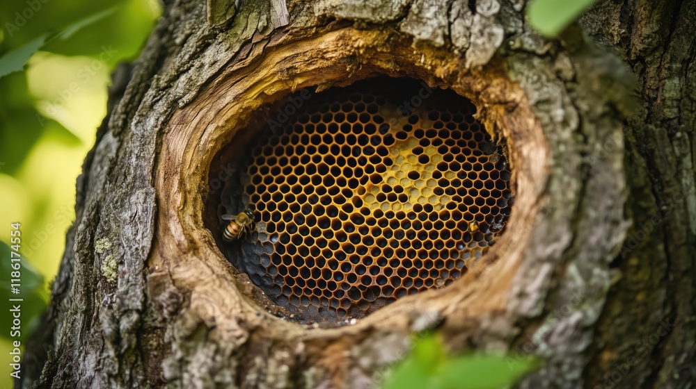 A Beehive Inside a Hollow Tree Trunk in a Forest - Generative AI A Beehive Inside a Hollow Tree Trunk in a Forest - Generative AI