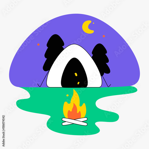 Tent With Campfire At Night Symbolizing Camping Adventure And Outdoors In Flat Vector Illustration Isolated On White Background