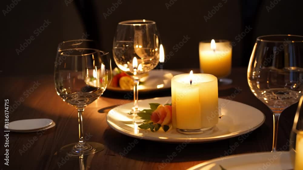 Luxurious candles and wine glasses set up on a wooden table with a softly lit romantic background, slow zoom out, low key lighting