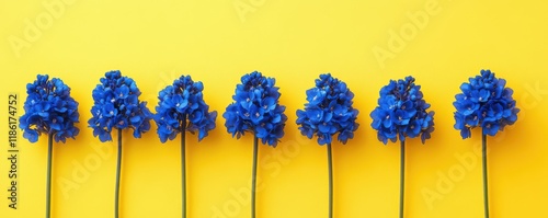 Blue flowers arranged in a row on a bright yellow background, creating a vibrant and cheerful composition ideal for nature and floral themes