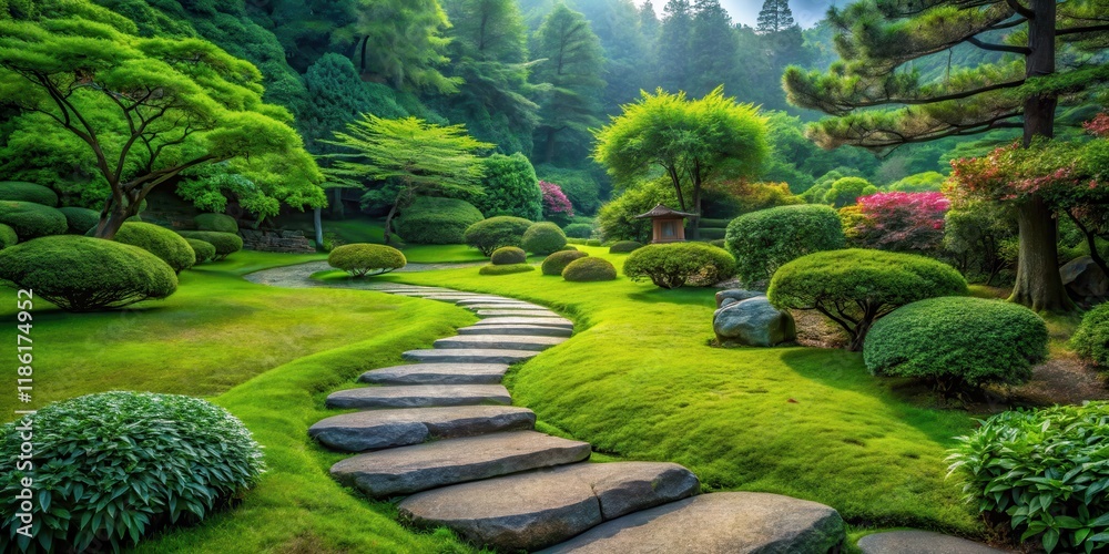 Obraz premium Serene Stone Path Winding Through Lush Green Landscape Featuring Carefully Manicured Shrubs and Trees in a Picturesque Garden Setting