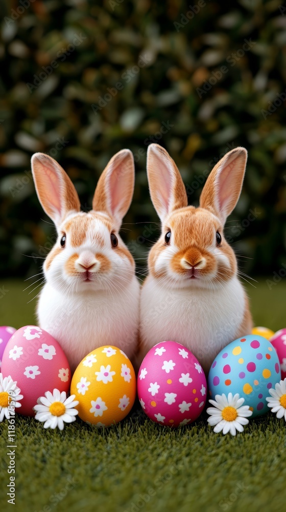 Obraz premium Elegant A pair of pet bunnies hopping around in a garden filled with daisies and colorful Easter eggs for National Pet Day sweetness