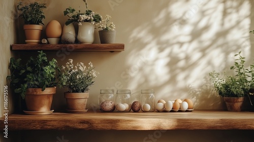 Decorative kitchen display featuring eggs, flowers, and grains on rustic wood...