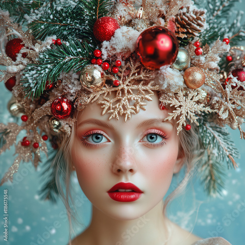 A young woman, likely Caucasian, and around 20 years old, with vibrant blue eyes and full red lips, adorned with elaborate Christmas-themed makeup and a headpiece