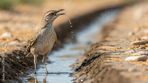 Thirsty bird close-up standing by water stream in natural habitat.