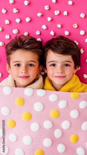 Elegant A sibling pair snuggling up under a soft blanket while watching their favorite movie surrounded by popcorn and laughter for National Siblings Day 