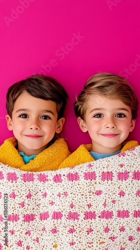 Elegant A sibling pair snuggling up under a soft blanket while watching their favorite movie surrounded by popcorn and laughter for National Siblings Day 