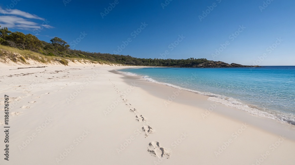 Serene Coastal Paradise: Footprints in the Sand of a Pristine Beach