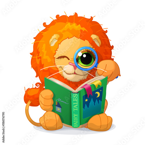 vector funny lion animal kids studying reading book illustration. Children education and reading items, schooling cartoon object illustration. Hand drown Baby graphics concept. Story time. School 