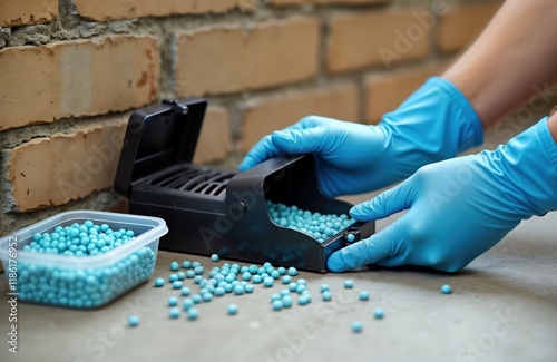 Person wearing gloves fills bait poison box with pest control pellets. Pest control process in industry. Protective measures for handling toxic substances. Preparation for rat extermination. Safety