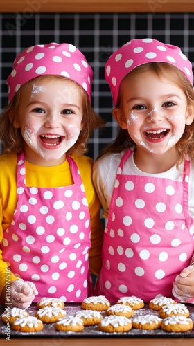 Elegant Two siblings of different ages baking cookies in a warmly lit kitchen with flour on their faces and laughter in the air for National Siblings Day 