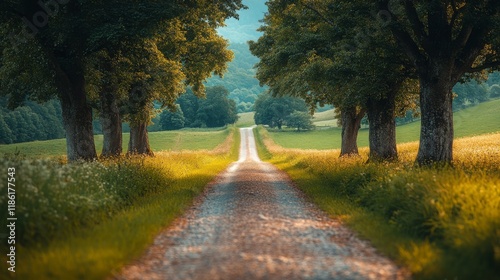 Serene gravel road lined with trees in a peaceful countryside landscape durin...