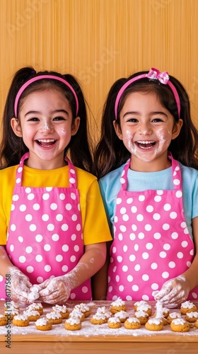 Elegant Two siblings of different ages baking cookies in a warmly lit kitchen with flour on their faces and laughter in the air for National Siblings Day 