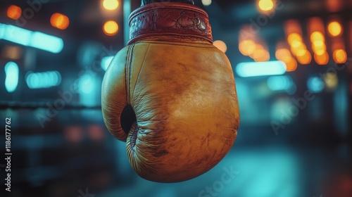 Brown leather boxing glove hangs from a rope in a gym bathed in blue light