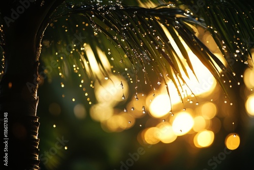 Sunlight filtering through palm leaves with water droplets enhancing the gold...