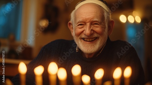 An elderly man with a white beard, wearing a yamaka, smiling and holding a candle holder filled with lit candles. photo