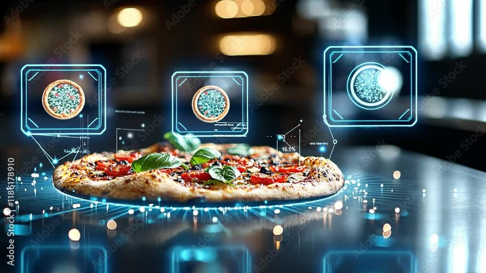 Innovative culinary technology showcasing a digitally enhanced pizza in a modern kitchen