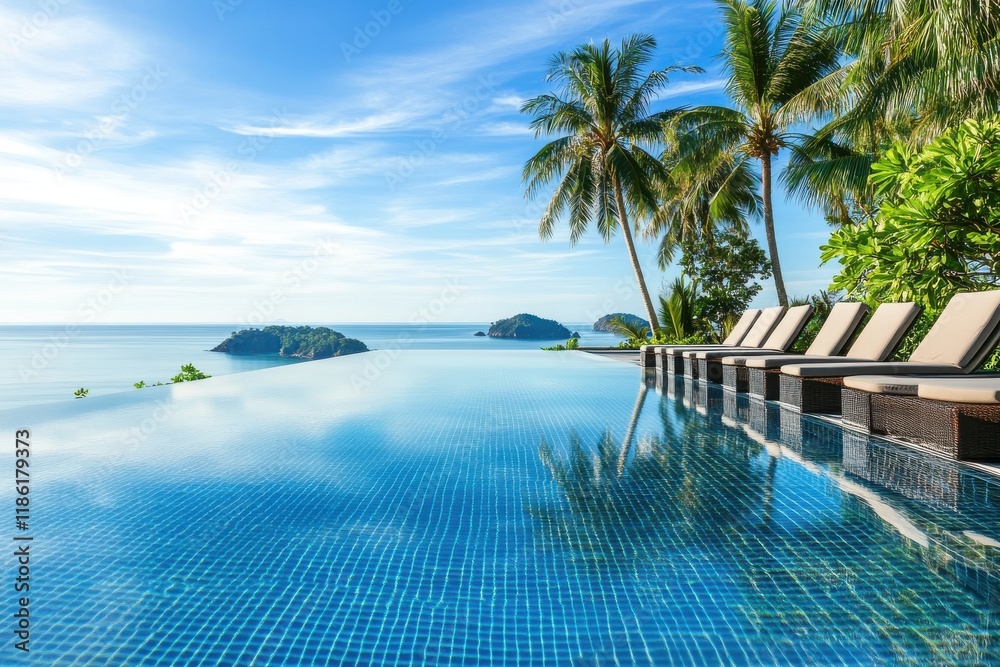 Fototapeta premium A luxurious infinity pool reflecting the clear blue sky and surrounded by comfortable lounge chairs