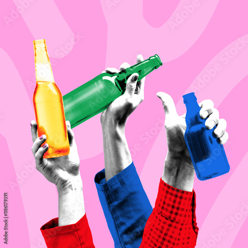 Conceptual graphic design. Colorful bottles held high, bold tones illustrating vibrant nightlife, festive energy, and collective joy. Concept of celebration, traditional festivals. Pop art style.