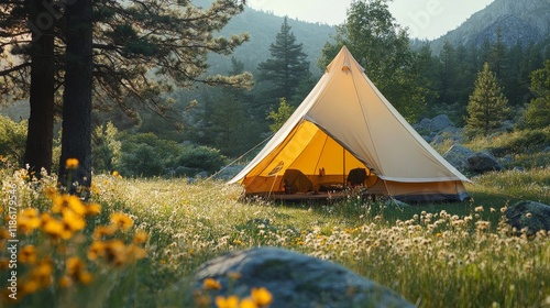 Camping in a beautiful meadow with a tent surrounded by wildflowers and mount...