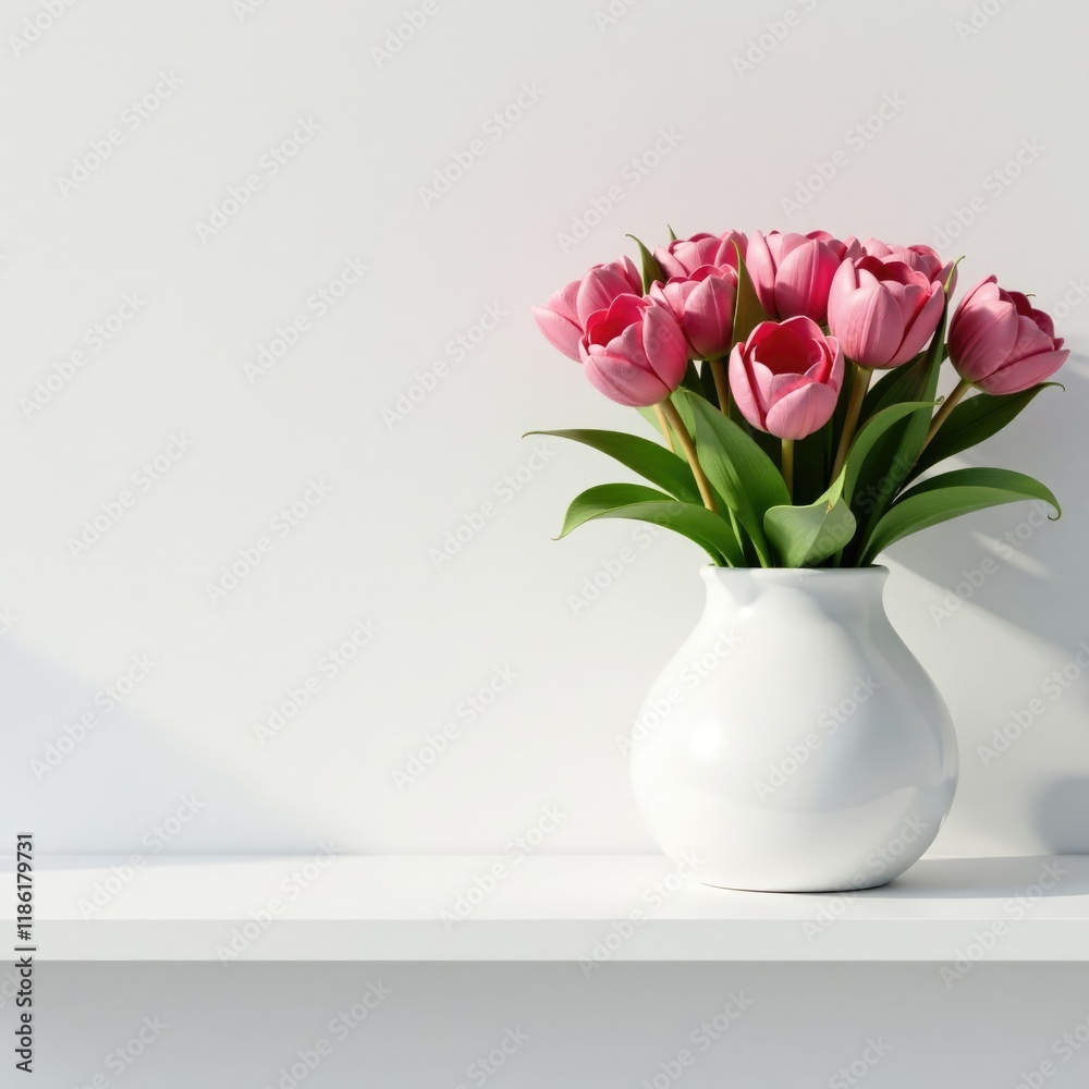 White shelf topped with a large vase filled with flowers, minimalist, blooming White shelf topped with a large vase filled with flowers, minimalist, blooming