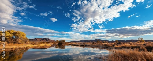 Bright blue sky with soft clouds, serene natural landscape, calming outdoor setting.