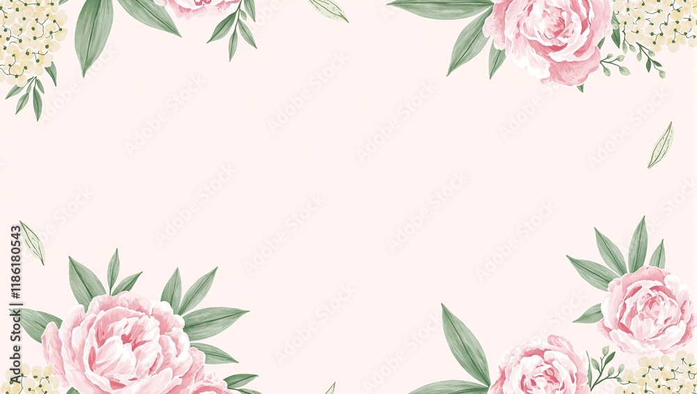 Elegant floral pattern with pink peonies and hydrangeas on a blush background Ideal for invitations and cards Elegant floral pattern with pink peonies and hydrangeas on a blush background Ideal for invitations and cards