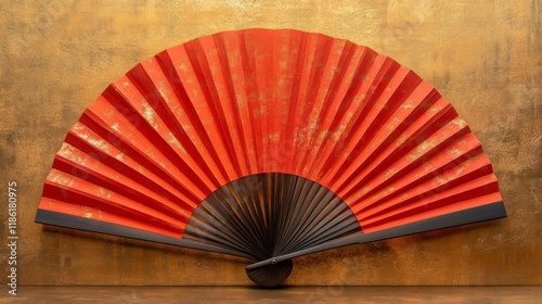 Decorative red fan against a golden background showcasing traditional craftsm...