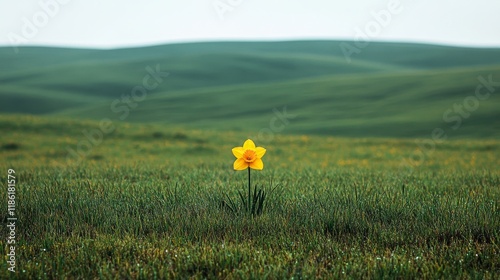 Single yellow daffodil stands out in a vast green landscape under a cloudy sky