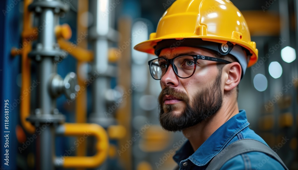 Man in protective helmet, glasses stands near industrial equipment. Focused expression on complex oil refinery machinery. Dedicated worker, observing operations of large petroleum plant. Oil Man in protective helmet, glasses stands near industrial equipment. Focused expression on complex oil refinery machinery. Dedicated worker, observing operations of large petroleum plant. Oil
