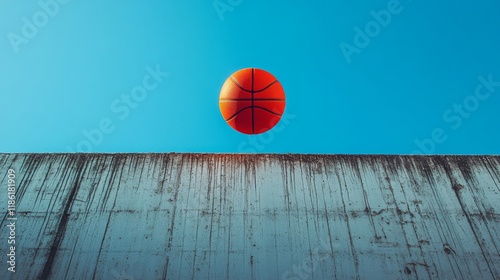 Basketball soaring over a concrete wall under a clear blue sky during midday