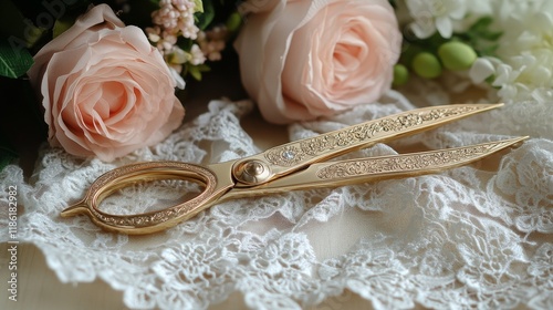 Elegant vintage scissors placed on lace with soft roses in a decorative arran...