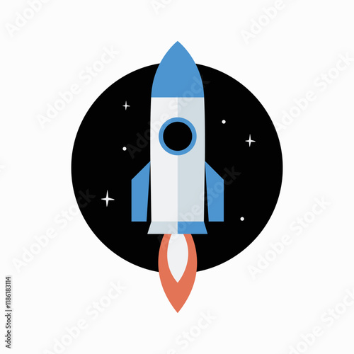 Rocket ship in flat vector illustration symbolizing innovation, technology, and exploration, isolated on white background.