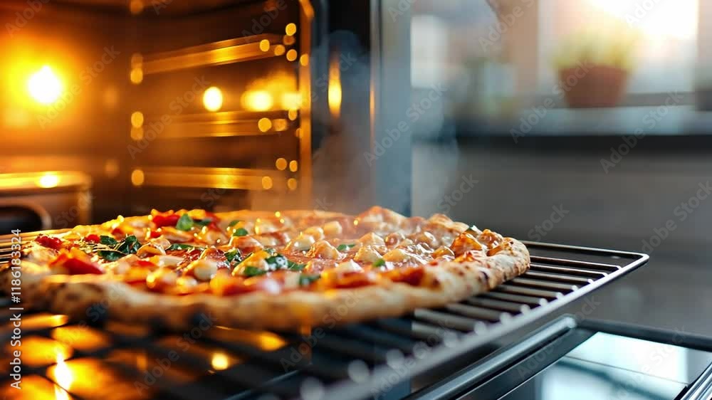 Freshly baked pizza in a modern oven with steam rising and warm light glowing