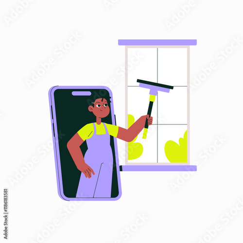 Female Window Cleaner With Squeegee In Flat Vector Illustration Symbolizing Cleaning Services, Professional Work, And Housekeeping, Isolated On White Background