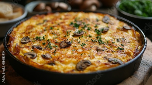 Delicious omelette with fresh herbs and cherry tomatoes served on a black plate