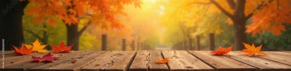 Naklejka premium Autumnal backdrop with wooden table and maple leaves, tree, autumn, background