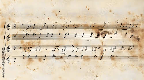 Aged Musical Score Sheet with Notes and Stains photo