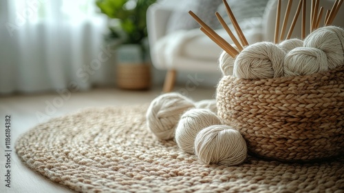 Cozy knitting setup with natural yarn and tools on wooden shelves in a light ...